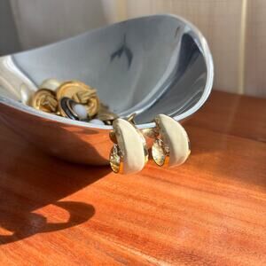 Big Chunky 80s 90s Style Earrings Beige Enamel Gold Tone Crescent Design